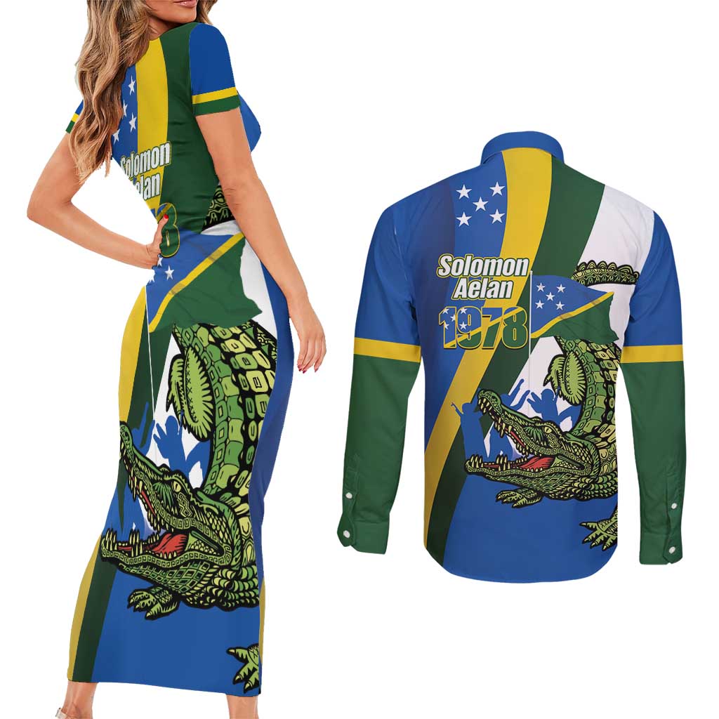Solomon Islands Independence Day Couples Matching Short Sleeve Bodycon Dress and Long Sleeve Button Shirt Happy 7 July Crocodile Flag Style