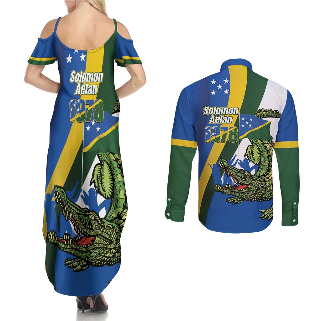 Solomon Islands Independence Day Couples Matching Summer Maxi Dress and Long Sleeve Button Shirt Happy 7 July Crocodile Flag Style