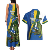 Solomon Islands Independence Day Couples Matching Tank Maxi Dress and Hawaiian Shirt Happy 7 July Crocodile Flag Style