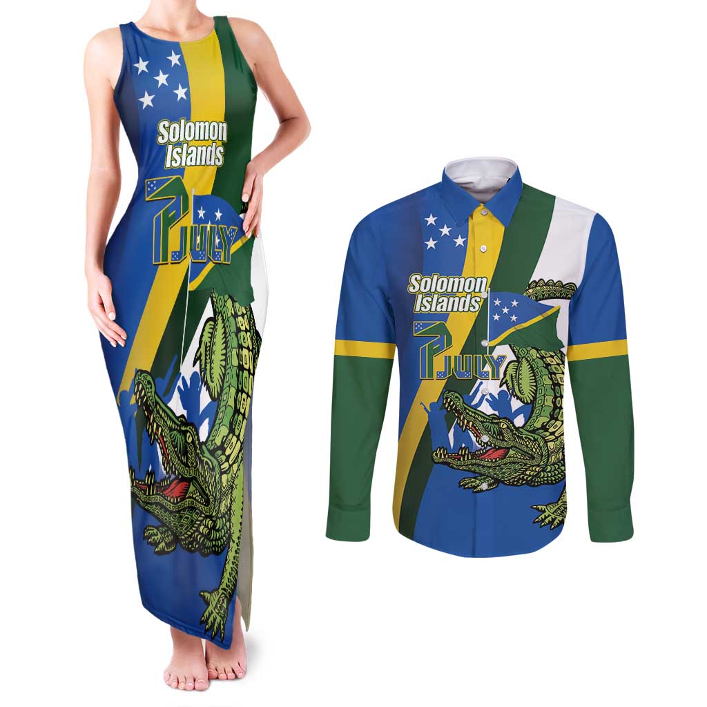 Solomon Islands Independence Day Couples Matching Tank Maxi Dress and Long Sleeve Button Shirt Happy 7 July Crocodile Flag Style