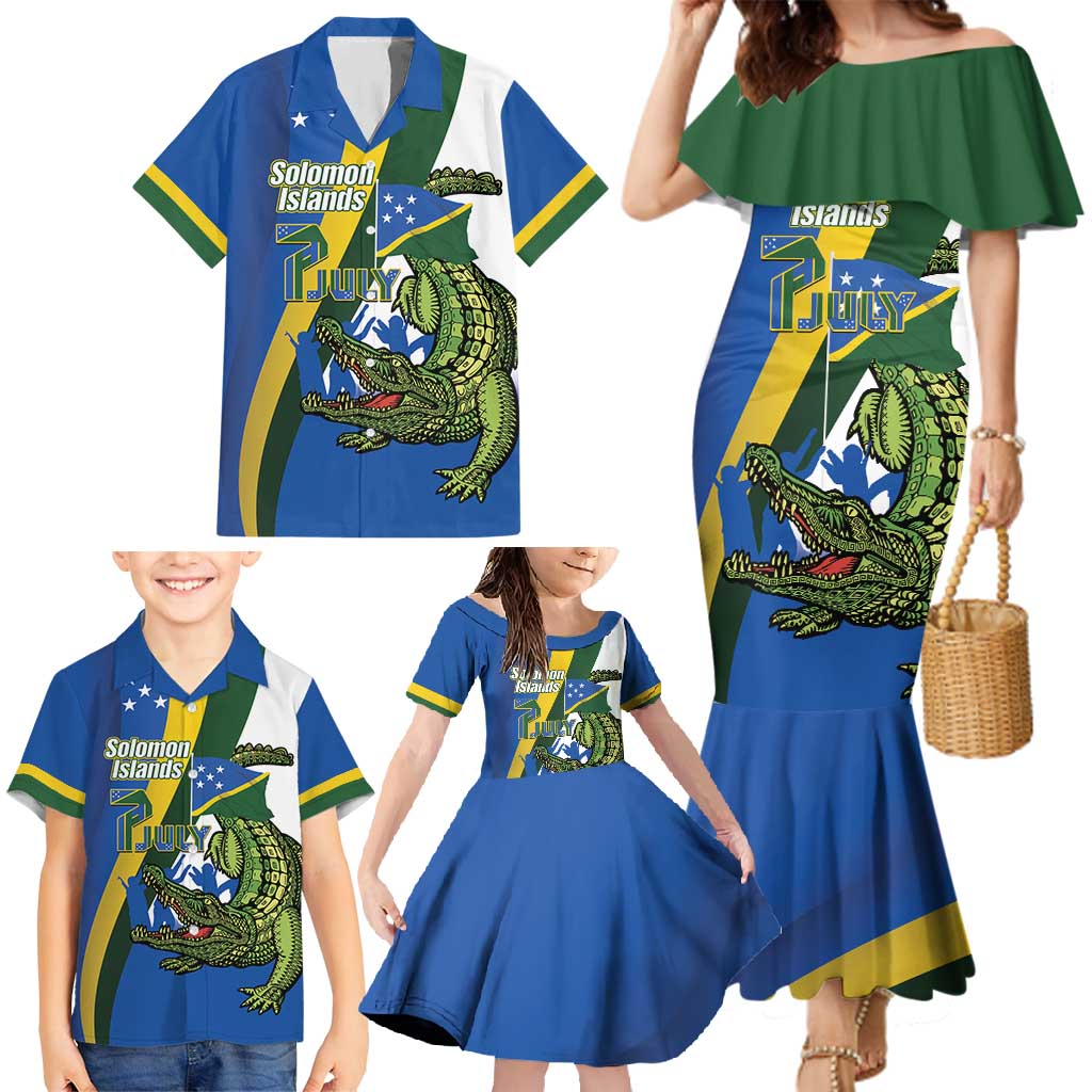 Solomon Islands Independence Day Family Matching Mermaid Dress and Hawaiian Shirt Happy 7 July Crocodile Flag Style