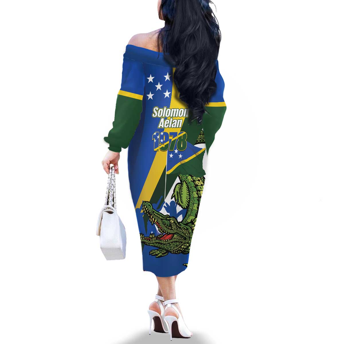 Solomon Islands Independence Day Family Matching Off The Shoulder Long Sleeve Dress and Hawaiian Shirt Happy 7 July Crocodile Flag Style