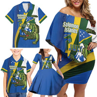 Solomon Islands Independence Day Family Matching Off Shoulder Short Dress and Hawaiian Shirt Happy 7 July Crocodile Flag Style