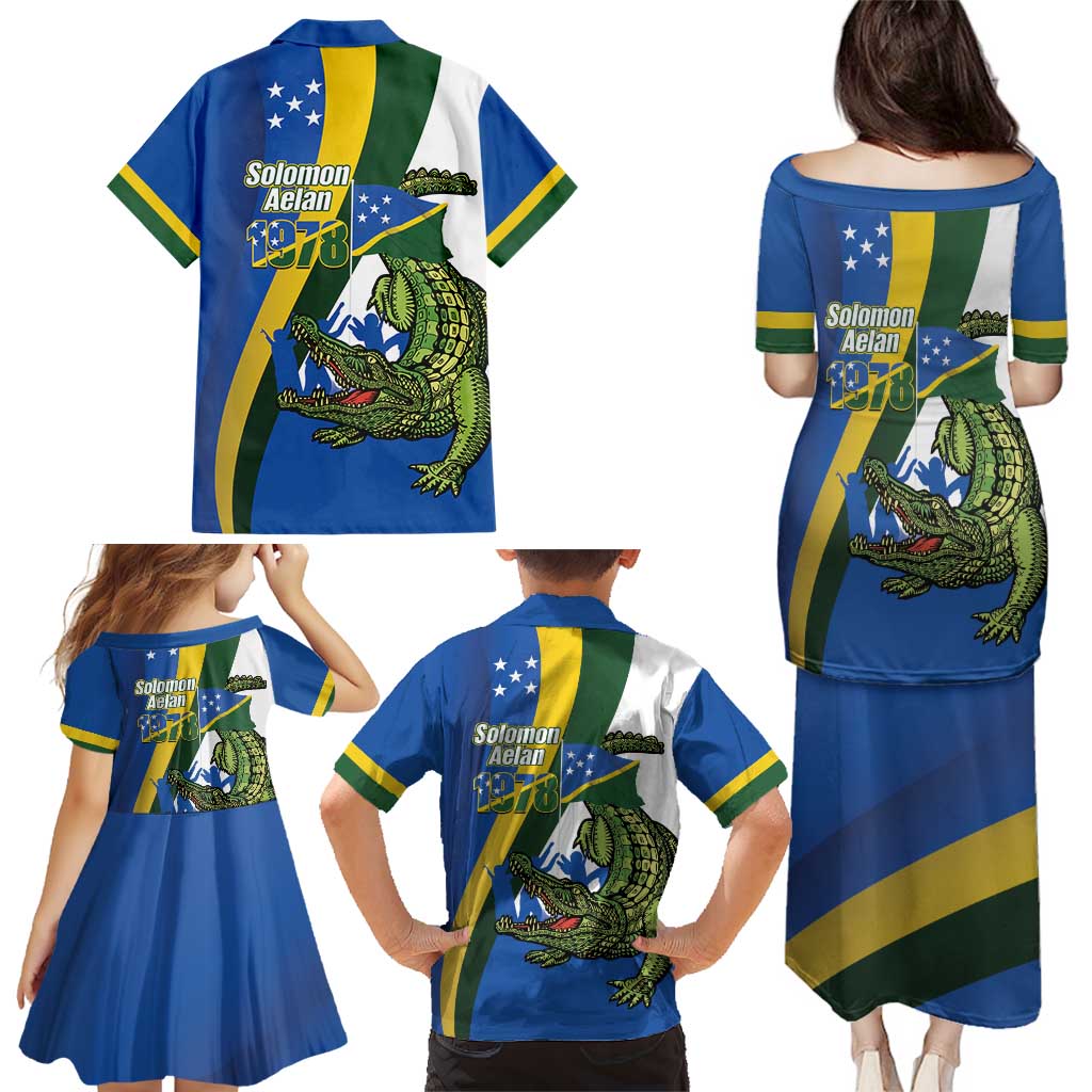 Solomon Islands Independence Day Family Matching Puletasi and Hawaiian Shirt Happy 7 July Crocodile Flag Style