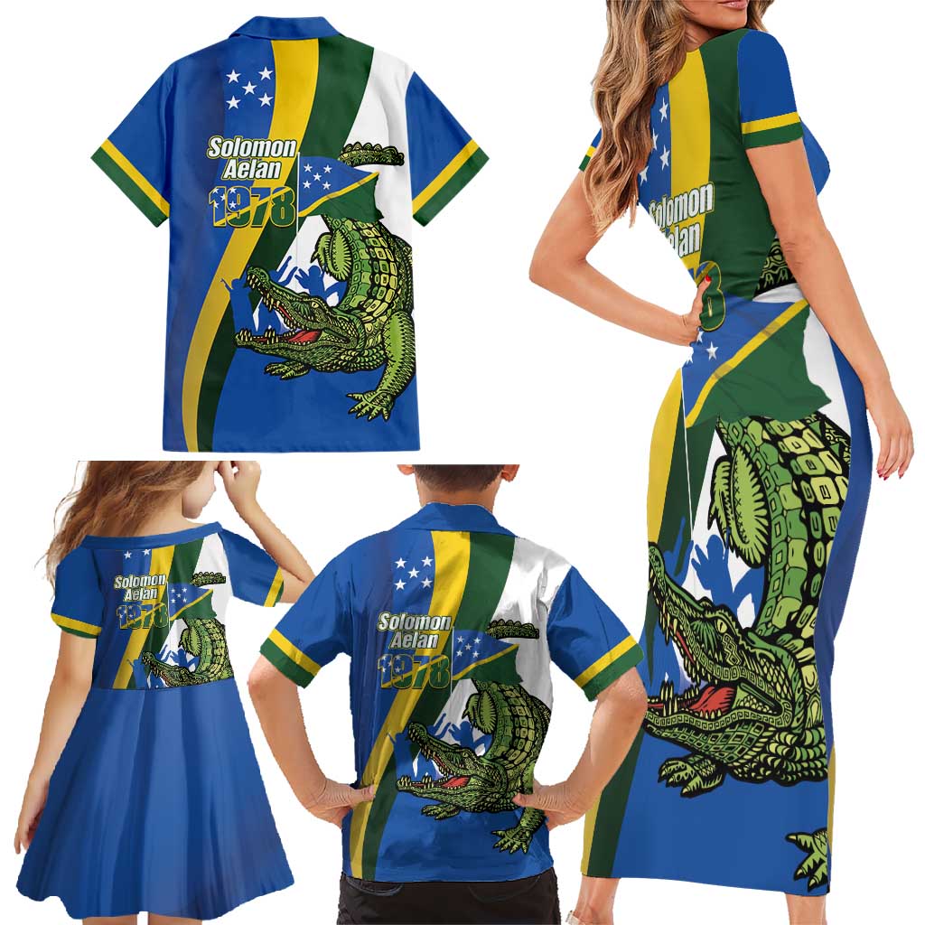 Solomon Islands Independence Day Family Matching Short Sleeve Bodycon Dress and Hawaiian Shirt Happy 7 July Crocodile Flag Style