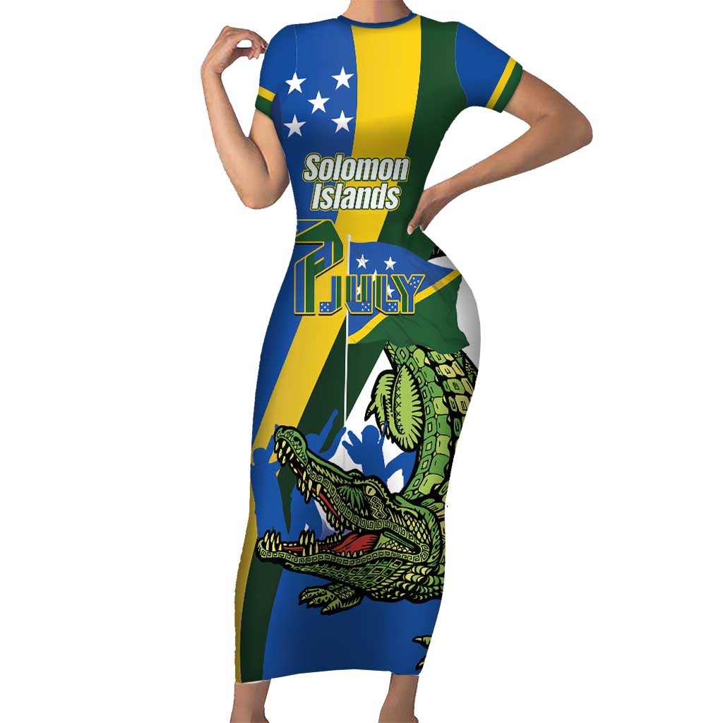Solomon Islands Independence Day Family Matching Short Sleeve Bodycon Dress and Hawaiian Shirt Happy 7 July Crocodile Flag Style