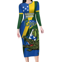 Solomon Islands Independence Day Long Sleeve Bodycon Dress Happy 7 July Crocodile Flag Style