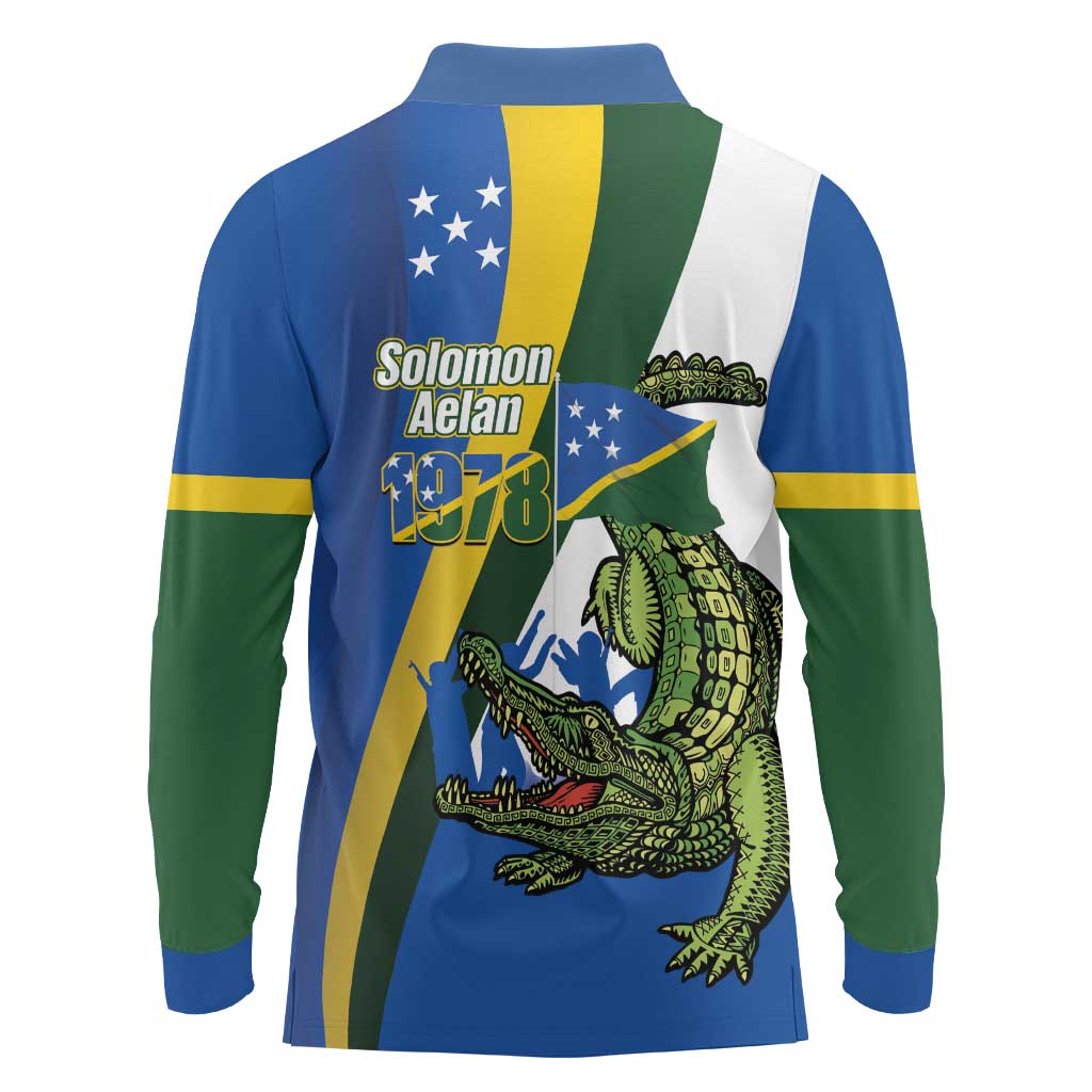 Solomon Islands Independence Day Long Sleeve Polo Shirt Happy 7 July Crocodile Flag Style