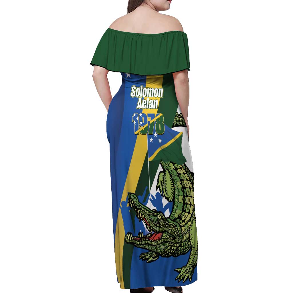 Solomon Islands Independence Day Off Shoulder Maxi Dress Happy 7 July Crocodile Flag Style