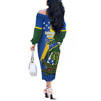 Solomon Islands Independence Day Off The Shoulder Long Sleeve Dress Happy 7 July Crocodile Flag Style