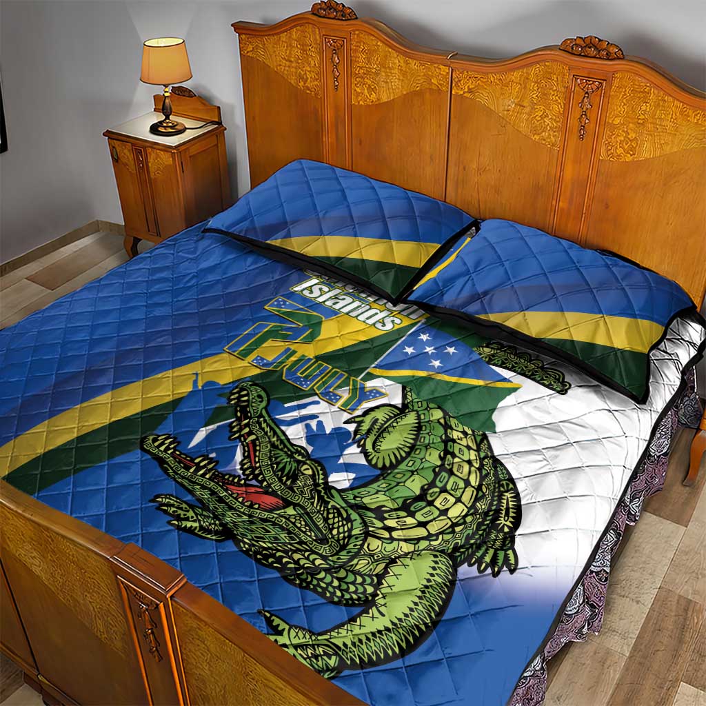 Solomon Islands Independence Day Quilt Bed Set Happy 7 July Crocodile Flag Style