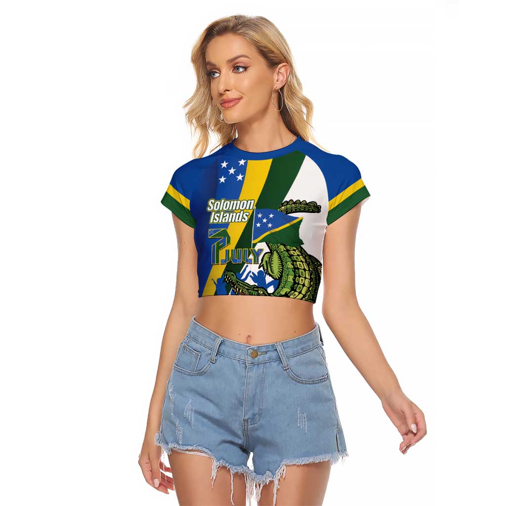 Solomon Islands Independence Day Raglan Cropped T Shirt Happy 7 July Crocodile Flag Style