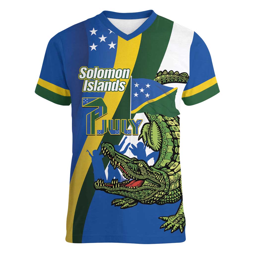 Solomon Islands Independence Day Women V-Neck T-Shirt Happy 7 July Crocodile Flag Style