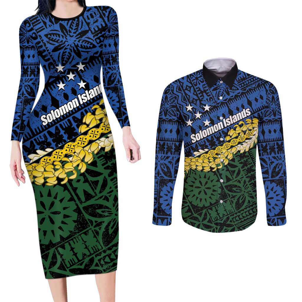Halo Olaketa Solomon Islands Tapa Pattern Couples Matching Long Sleeve Bodycon Dress and Long Sleeve Button Shirt