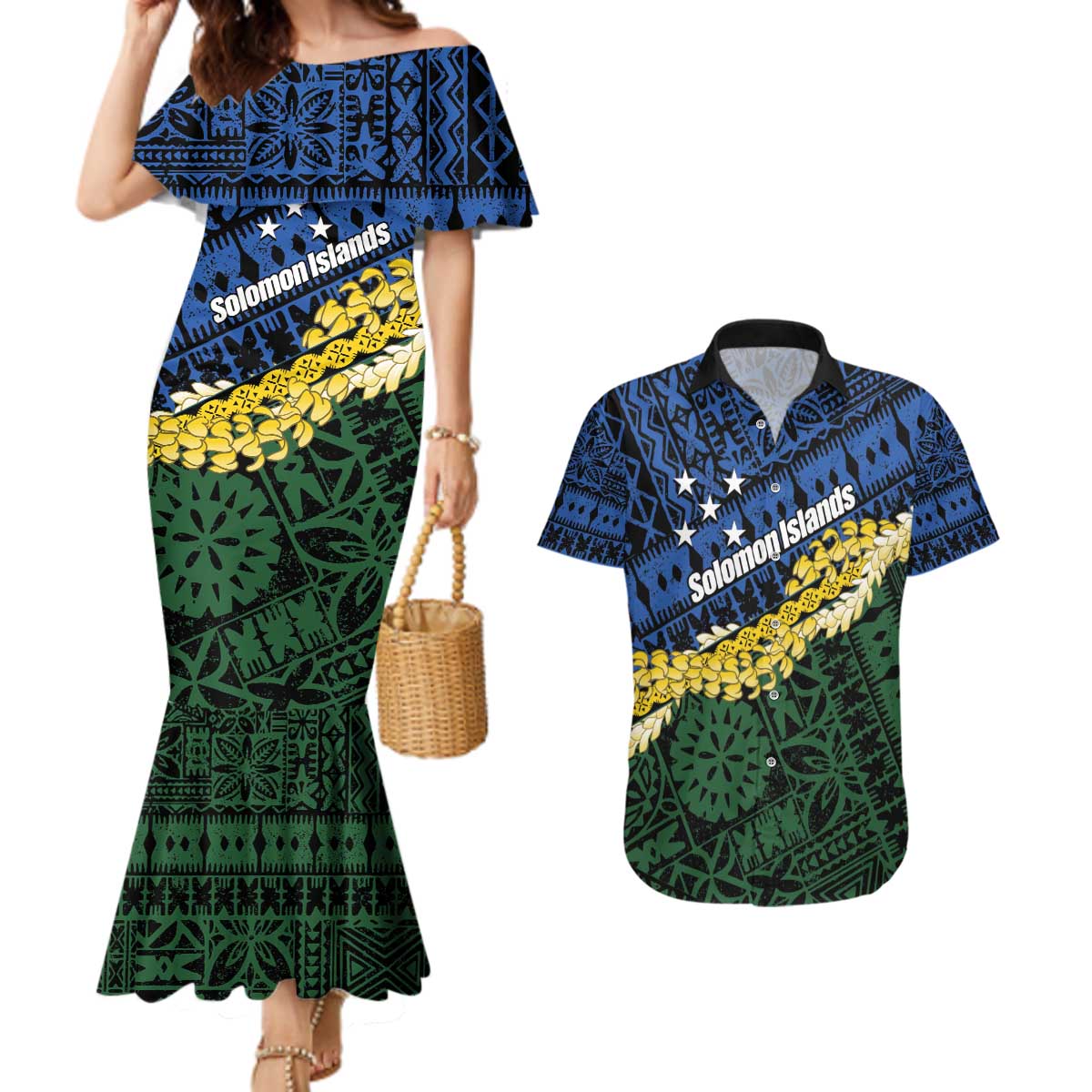 Halo Olaketa Solomon Islands Tapa Pattern Couples Matching Mermaid Dress and Hawaiian Shirt