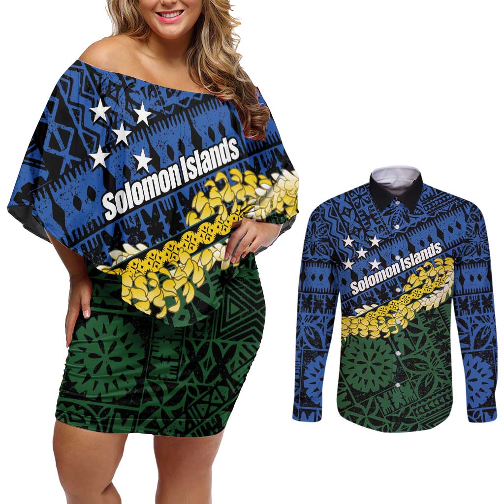 Halo Olaketa Solomon Islands Tapa Pattern Couples Matching Off Shoulder Short Dress and Long Sleeve Button Shirt