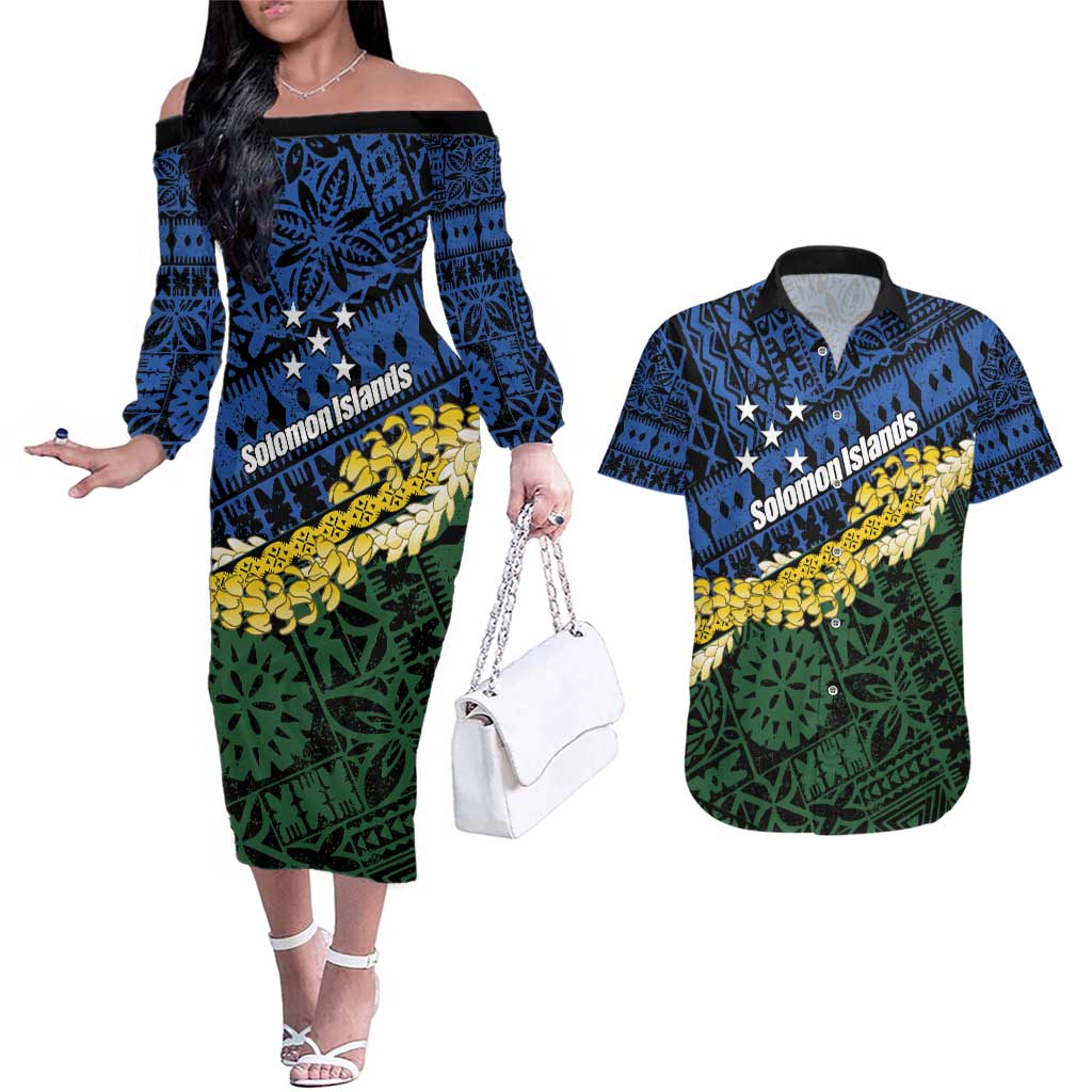Halo Olaketa Solomon Islands Tapa Pattern Couples Matching Off The Shoulder Long Sleeve Dress and Hawaiian Shirt
