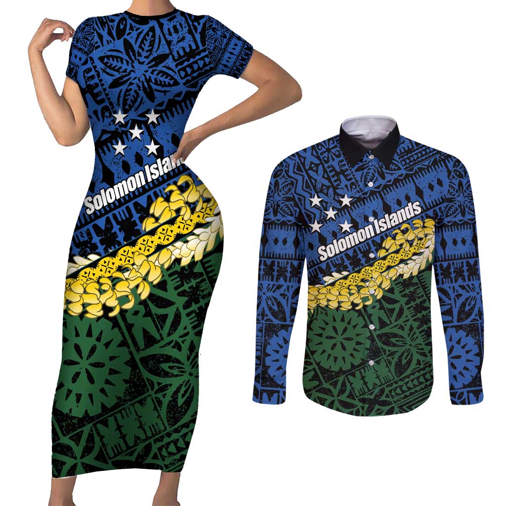 Halo Olaketa Solomon Islands Tapa Pattern Couples Matching Short Sleeve Bodycon Dress and Long Sleeve Button Shirt