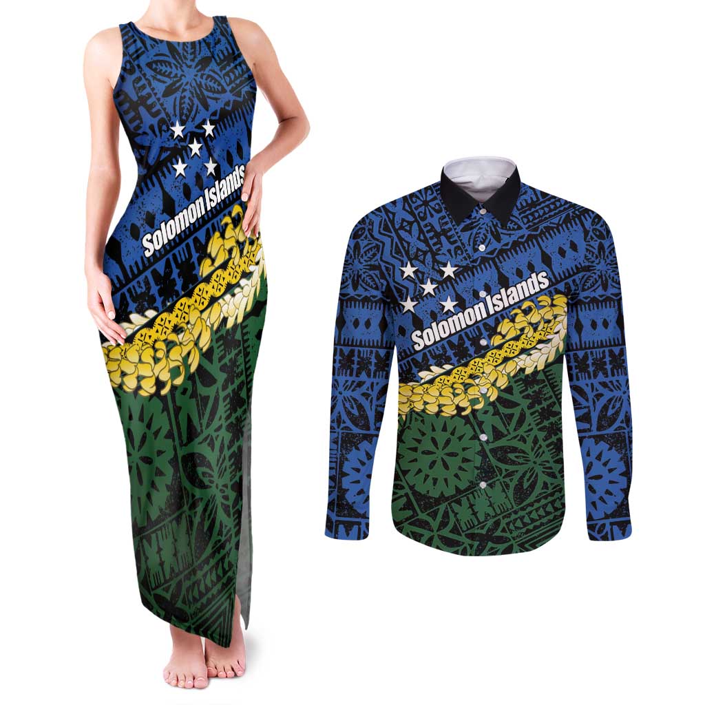 Halo Olaketa Solomon Islands Tapa Pattern Couples Matching Tank Maxi Dress and Long Sleeve Button Shirt