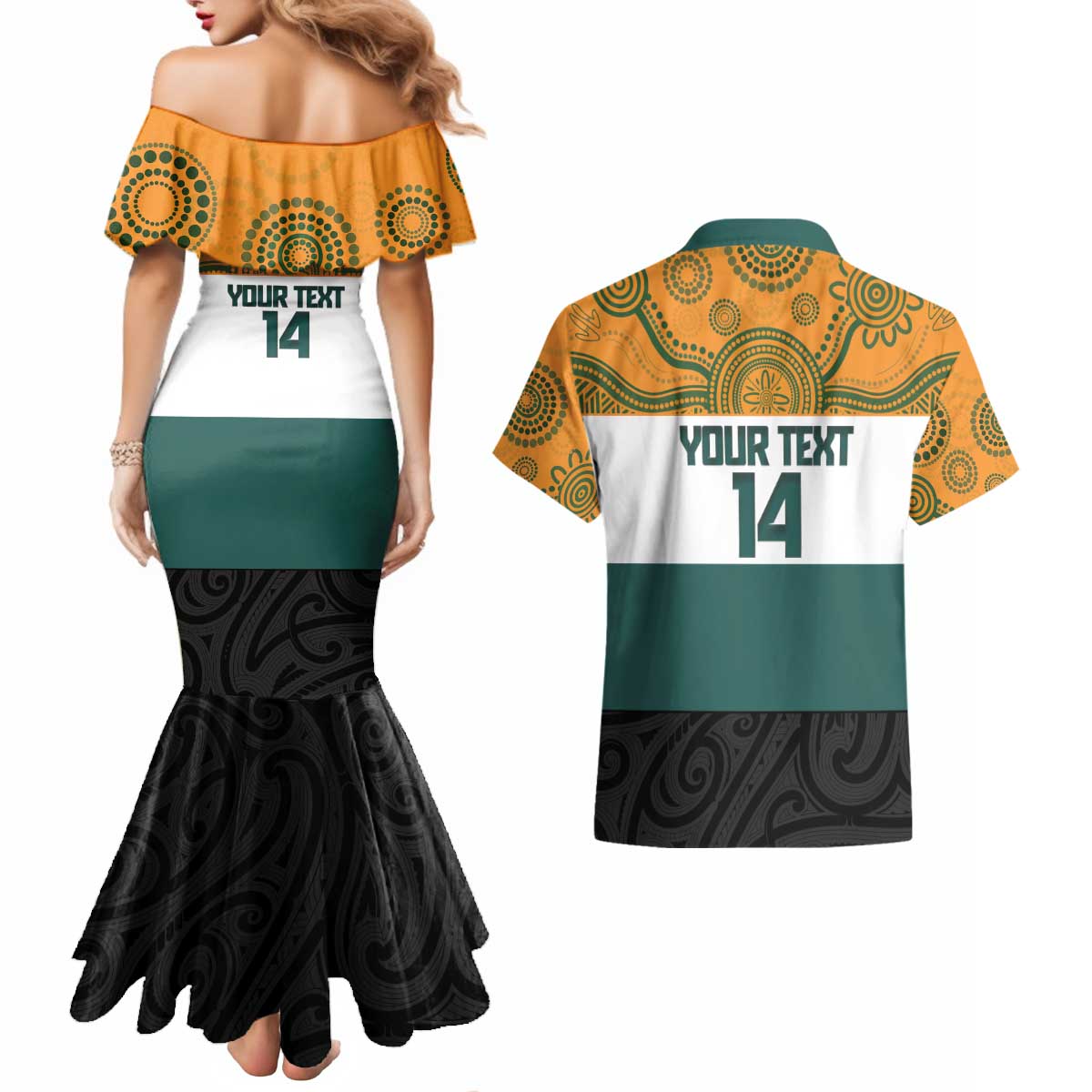 AUNZ Rugby Custom Couples Matching Mermaid Dress and Hawaiian Shirt Australia Kangaroo New Zealand Silver Fern - Polynesian Pride