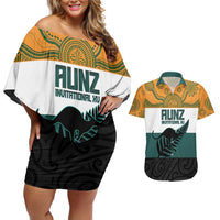 AUNZ Rugby Custom Couples Matching Off Shoulder Short Dress and Hawaiian Shirt Australia Kangaroo New Zealand Silver Fern - Polynesian Pride