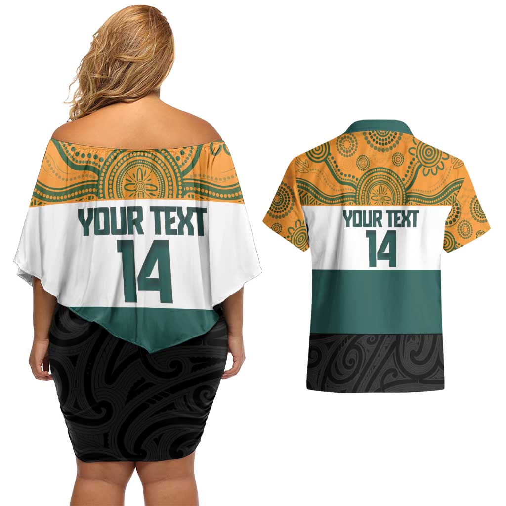 AUNZ Rugby Custom Couples Matching Off Shoulder Short Dress and Hawaiian Shirt Australia Kangaroo New Zealand Silver Fern - Polynesian Pride