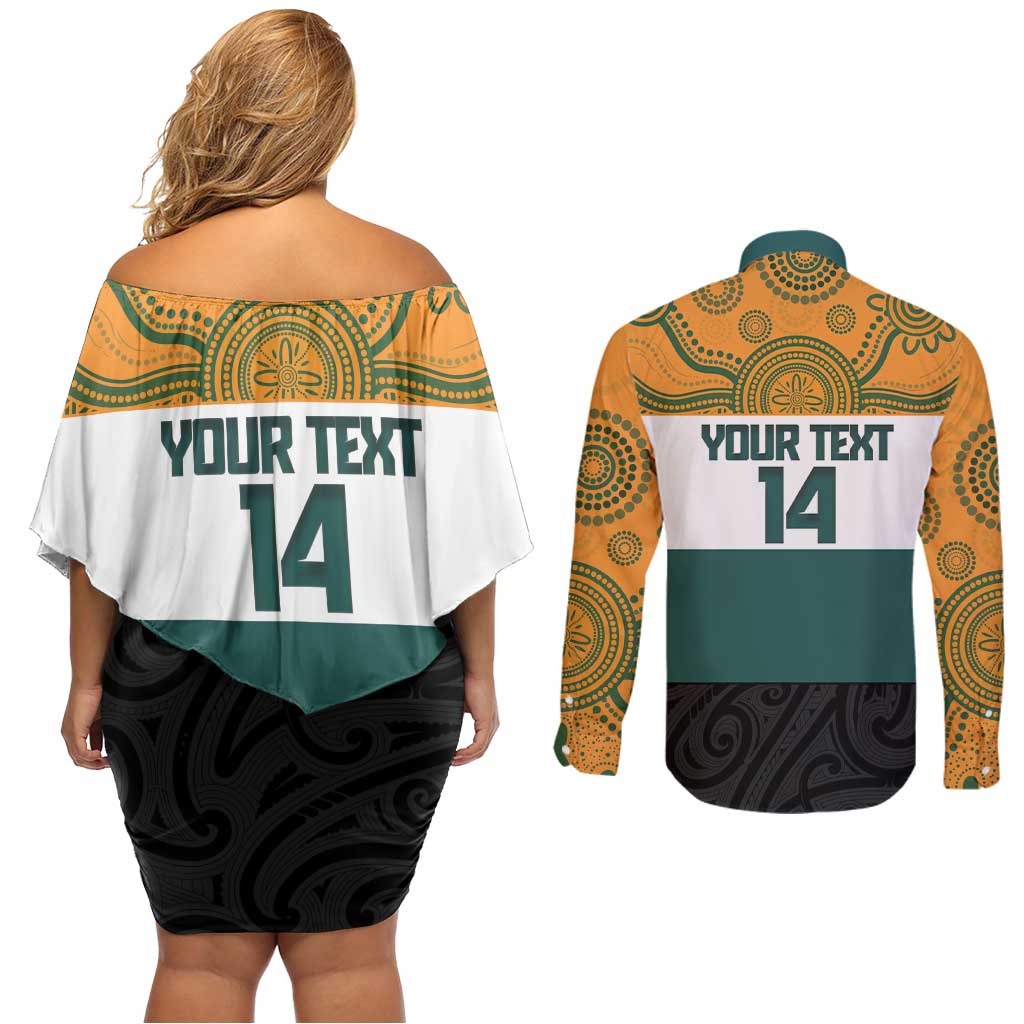 AUNZ Rugby Custom Couples Matching Off Shoulder Short Dress and Long Sleeve Button Shirt Australia Kangaroo New Zealand Silver Fern - Polynesian Pride