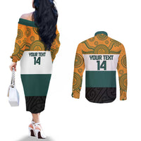 AUNZ Rugby Custom Couples Matching Off The Shoulder Long Sleeve Dress and Long Sleeve Button Shirt Australia Kangaroo New Zealand Silver Fern - Polynesian Pride
