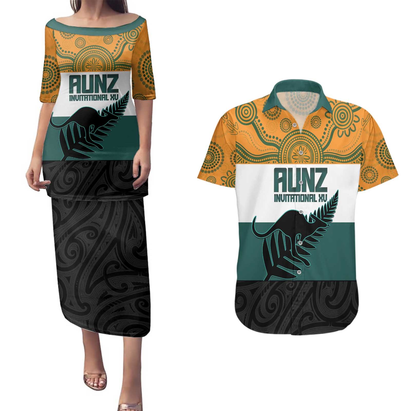 AUNZ Rugby Custom Couples Matching Puletasi and Hawaiian Shirt Australia Kangaroo New Zealand Silver Fern - Polynesian Pride