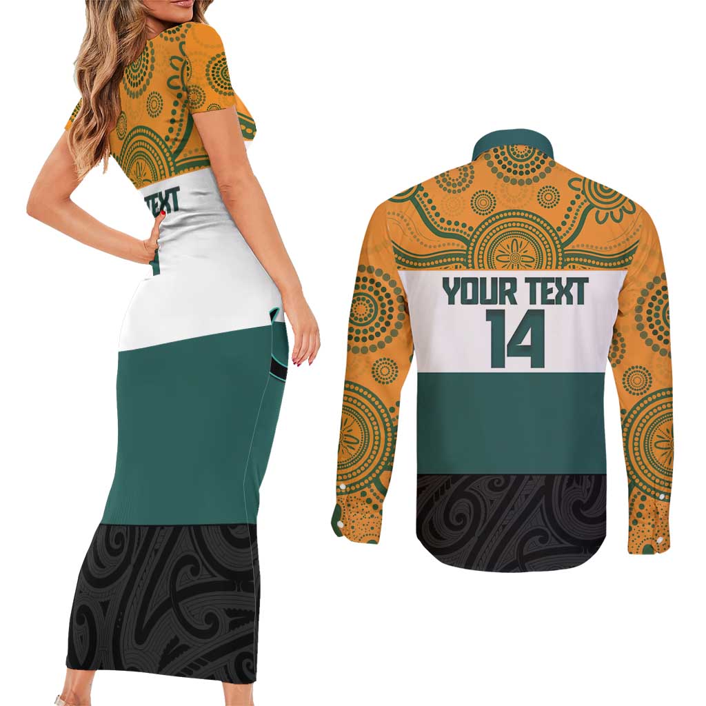 AUNZ Rugby Custom Couples Matching Short Sleeve Bodycon Dress and Long Sleeve Button Shirt Australia Kangaroo New Zealand Silver Fern - Polynesian Pride