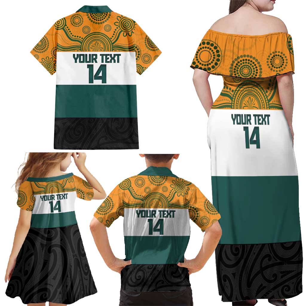 AUNZ Rugby Custom Family Matching Off Shoulder Maxi Dress and Hawaiian Shirt Australia Kangaroo New Zealand Silver Fern - Polynesian Pride