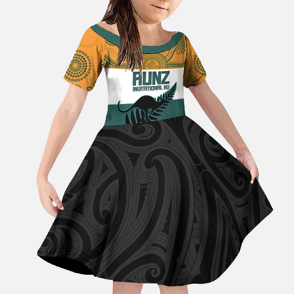 AUNZ Rugby Custom Family Matching Short Sleeve Bodycon Dress and Hawaiian Shirt Australia Kangaroo New Zealand Silver Fern - Polynesian Pride