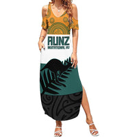 AUNZ Rugby Custom Family Matching Summer Maxi Dress and Hawaiian Shirt Australia Kangaroo New Zealand Silver Fern - Polynesian Pride