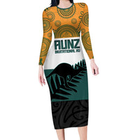 AUNZ Rugby Custom Long Sleeve Bodycon Dress Australia Kangaroo New Zealand Silver Fern - Polynesian Pride