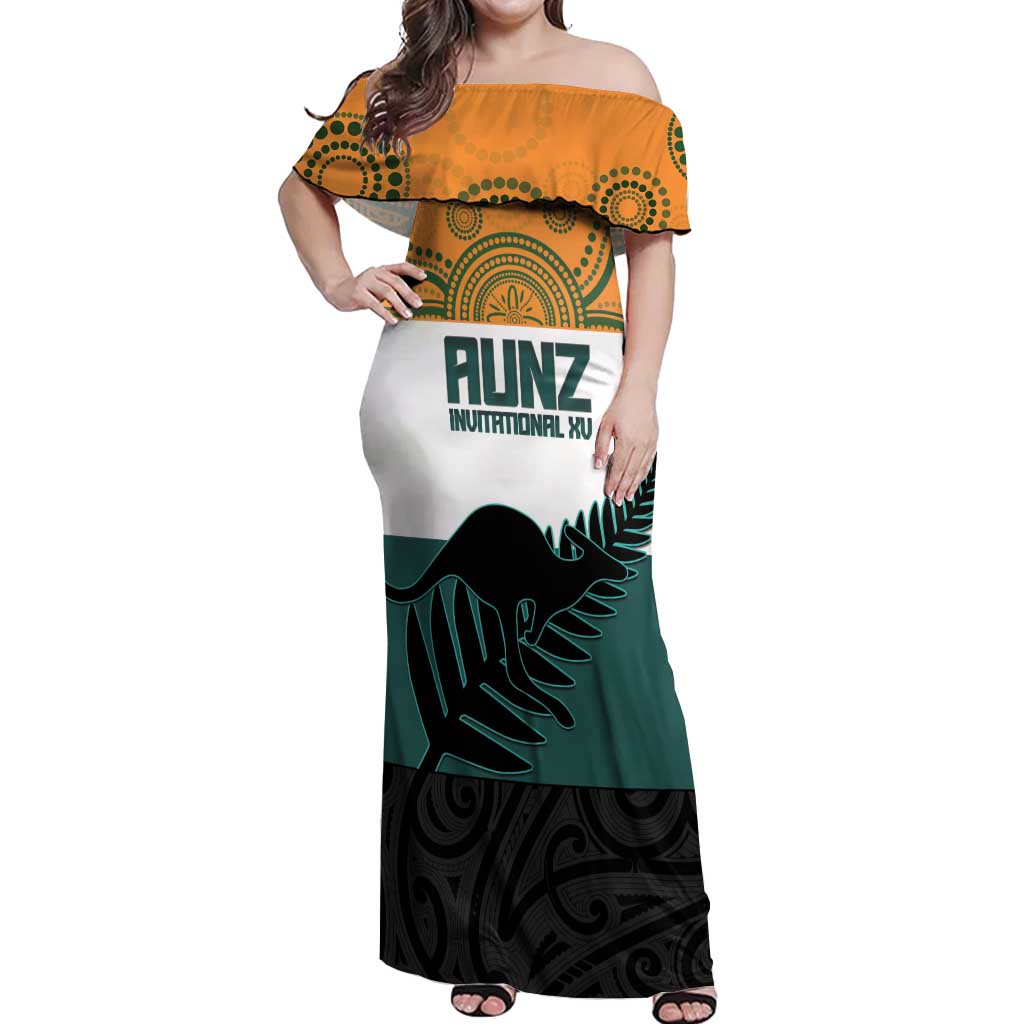 AUNZ Rugby Custom Off Shoulder Maxi Dress Australia Kangaroo New Zealand Silver Fern - Polynesian Pride