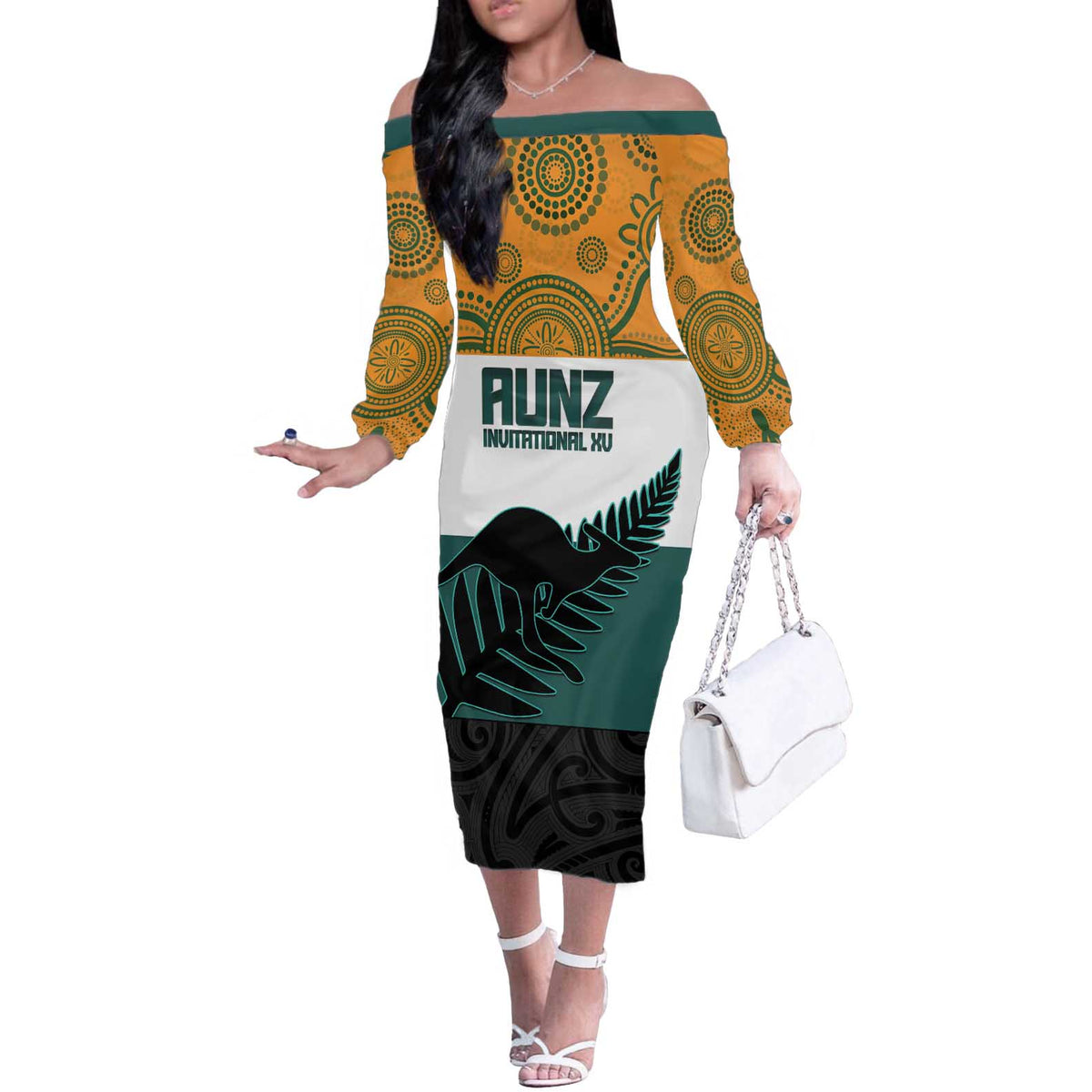 AUNZ Rugby Custom Off The Shoulder Long Sleeve Dress Australia Kangaroo New Zealand Silver Fern - Polynesian Pride