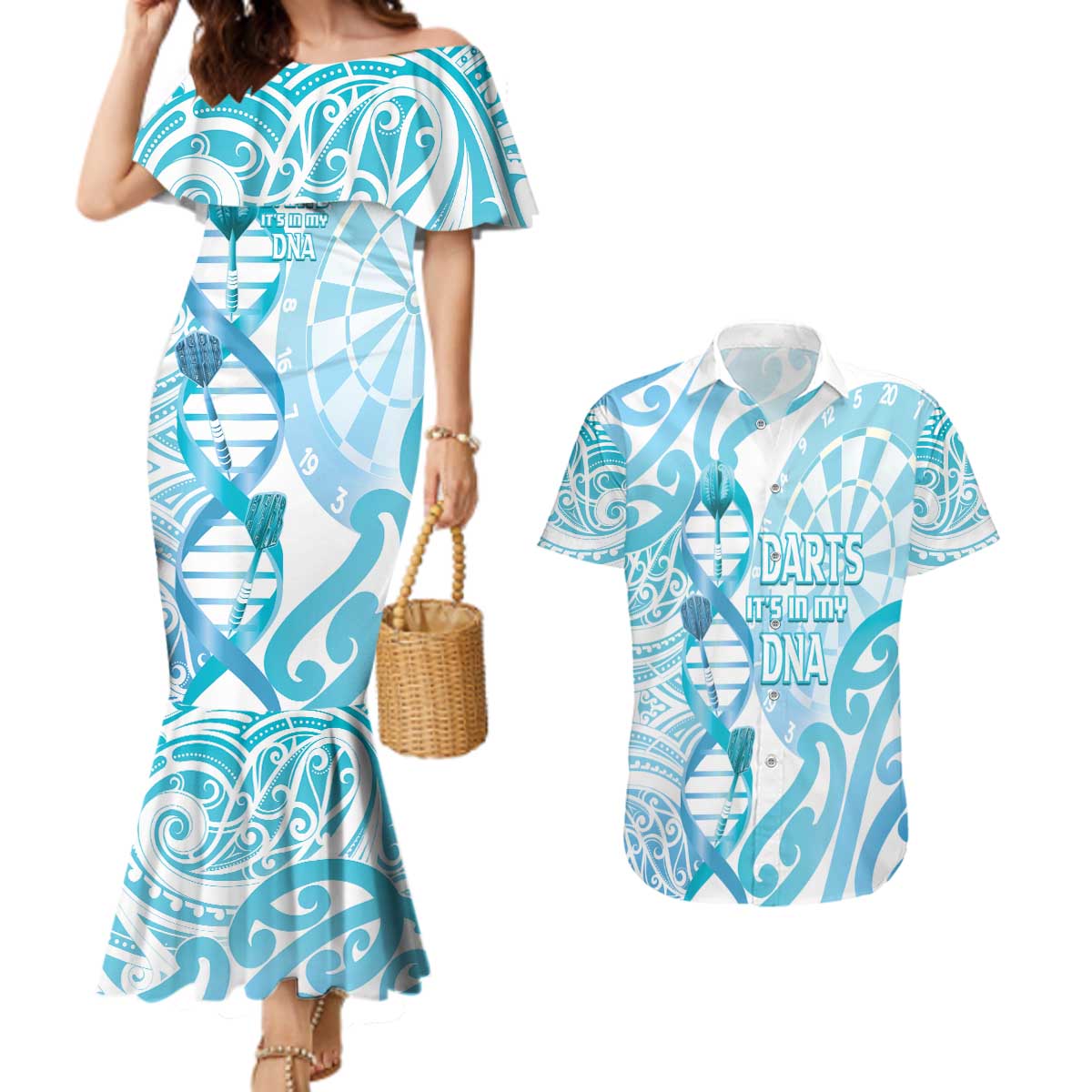 Personalised New Zealand Darts Couples Matching Mermaid Dress and Hawaiian Shirt Aotearoa Maori Its In My DNA White LT14 White - Polynesian Pride