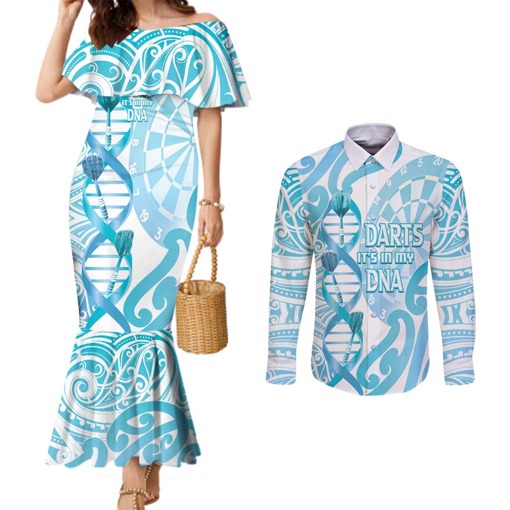 Personalised New Zealand Darts Couples Matching Mermaid Dress and Long Sleeve Button Shirt Aotearoa Maori Its In My DNA White LT14 White - Polynesian Pride