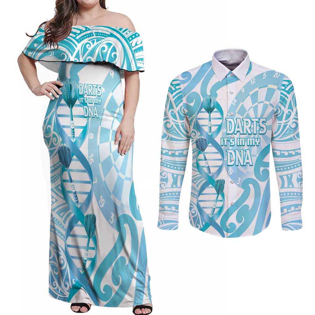 Personalised New Zealand Darts Couples Matching Off Shoulder Maxi Dress and Long Sleeve Button Shirt Aotearoa Maori Its In My DNA White LT14 White - Polynesian Pride