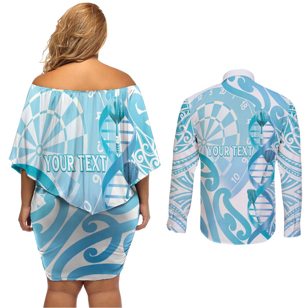 Personalised New Zealand Darts Couples Matching Off Shoulder Short Dress and Long Sleeve Button Shirt Aotearoa Maori Its In My DNA White LT14 - Polynesian Pride