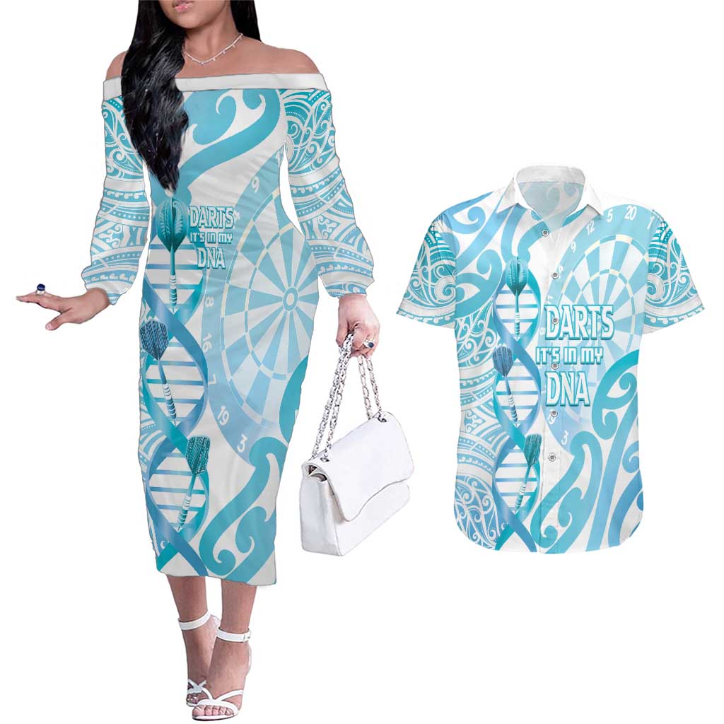 Personalised New Zealand Darts Couples Matching Off The Shoulder Long Sleeve Dress and Hawaiian Shirt Aotearoa Maori Its In My DNA White - Polynesian Pride