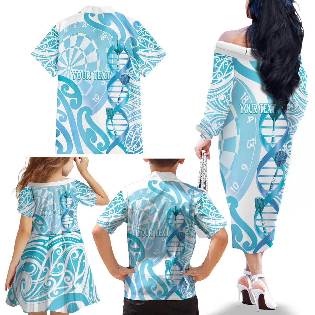Personalised New Zealand Darts Family Matching Off The Shoulder Long Sleeve Dress and Hawaiian Shirt Aotearoa Maori Its In My DNA White - Polynesian Pride