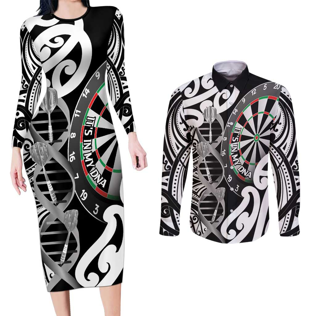 Personalised New Zealand Darts Couples Matching Long Sleeve Bodycon Dress and Long Sleeve Button Shirt Aotearoa Maori Its In My DNA Black - Polynesian Pride