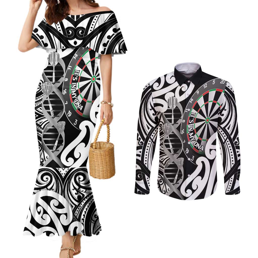 Personalised New Zealand Darts Couples Matching Mermaid Dress and Long Sleeve Button Shirt Aotearoa Maori Its In My DNA Black LT14 Black - Polynesian Pride