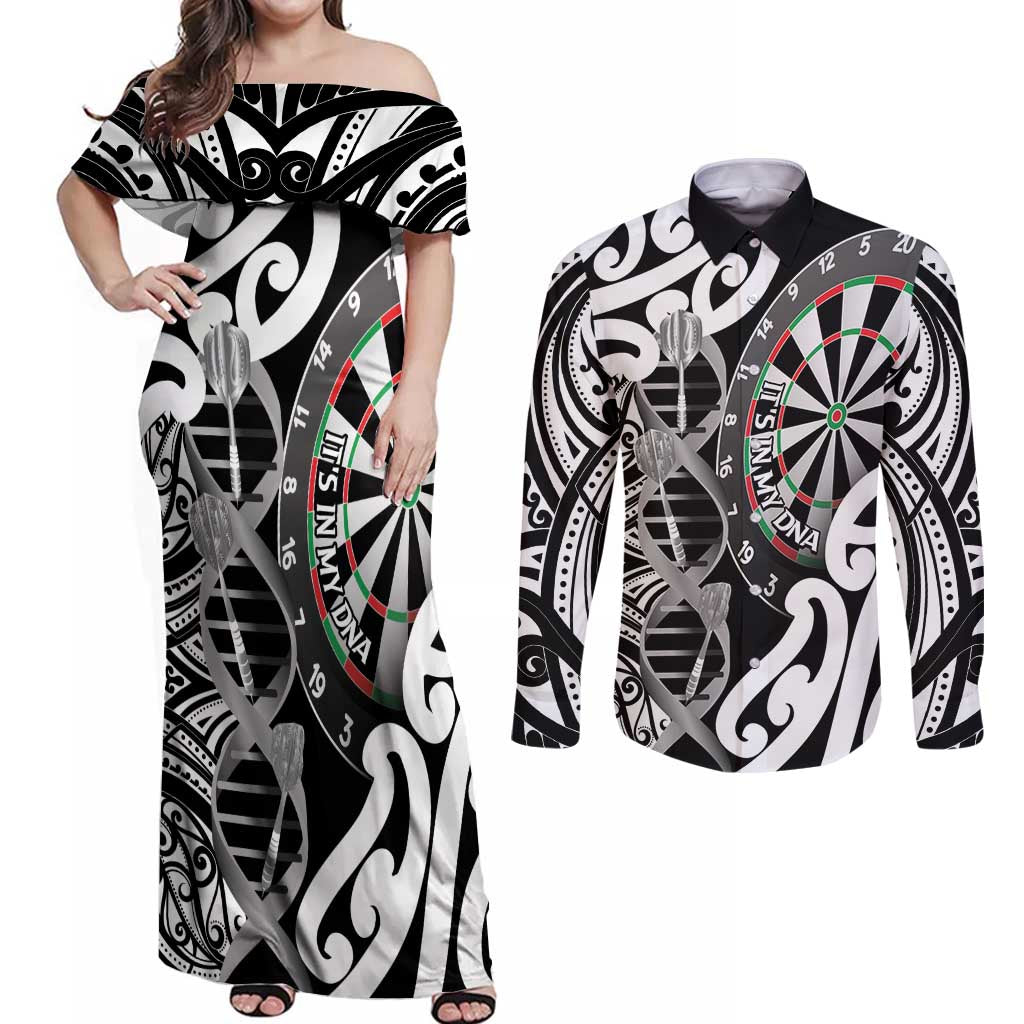 Personalised New Zealand Darts Couples Matching Off Shoulder Maxi Dress and Long Sleeve Button Shirt Aotearoa Maori Its In My DNA Black - Polynesian Pride