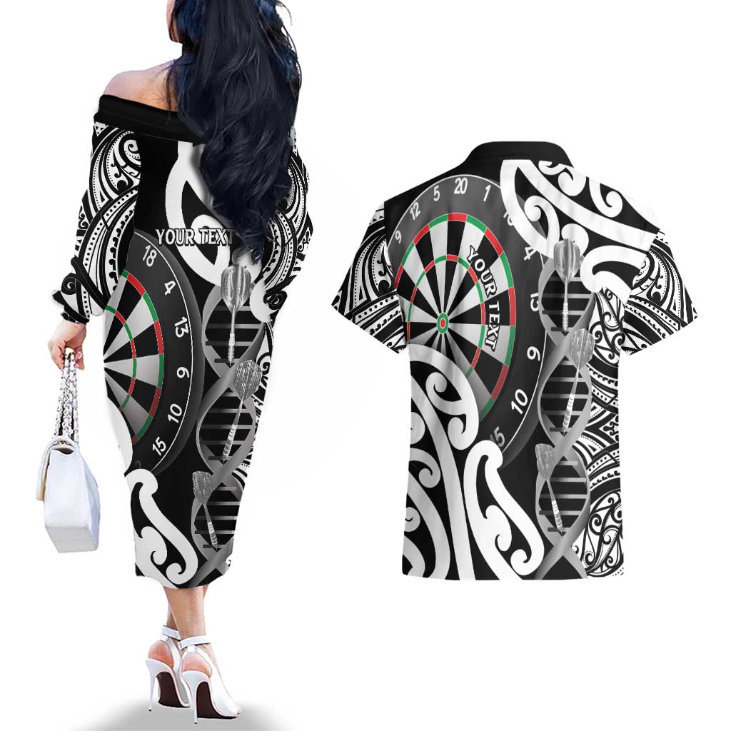 Personalised New Zealand Darts Couples Matching Off The Shoulder Long Sleeve Dress and Hawaiian Shirt Aotearoa Maori Its In My DNA Black - Polynesian Pride