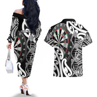 Personalised New Zealand Darts Couples Matching Off The Shoulder Long Sleeve Dress and Hawaiian Shirt Aotearoa Maori Its In My DNA Black - Polynesian Pride