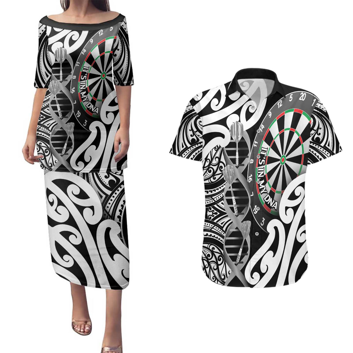 Personalised New Zealand Darts Couples Matching Puletasi and Hawaiian Shirt Aotearoa Maori Its In My DNA Black LT14 Black - Polynesian Pride