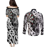 Personalised New Zealand Darts Couples Matching Puletasi and Long Sleeve Button Shirt Aotearoa Maori Its In My DNA Black LT14 - Polynesian Pride