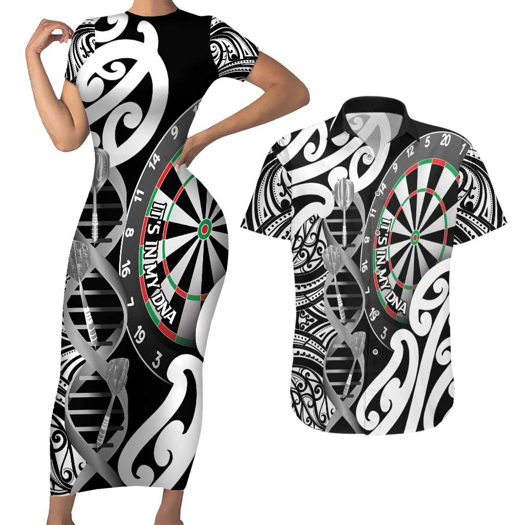 Personalised New Zealand Darts Couples Matching Short Sleeve Bodycon Dress and Hawaiian Shirt Aotearoa Maori Its In My DNA Black LT14 Black - Polynesian Pride